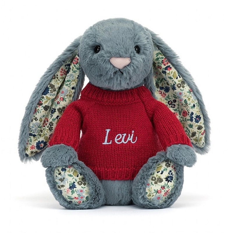 MEDIUM Jellycat Blossom Dusky Blue Bunny with Personalised Red Jumper 31 CM X 12 CM, Jellycat USA | IK0182745