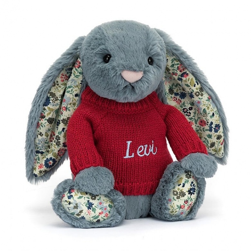 MEDIUM Jellycat Blossom Dusky Blue Bunny with Personalised Red Jumper 31 CM X 12 CM, Jellycat USA | IK0182745