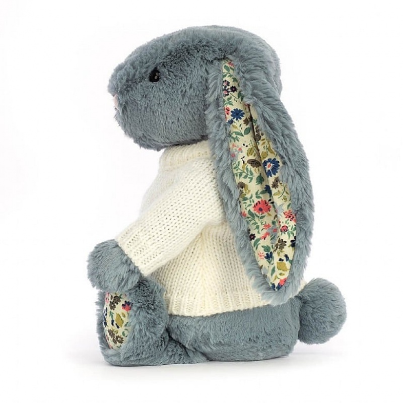 MEDIUM Jellycat Blossom Dusky Blue with Personalised Cream Jumper 31 CM X 12 CM, Jellycat USA | GY1459638