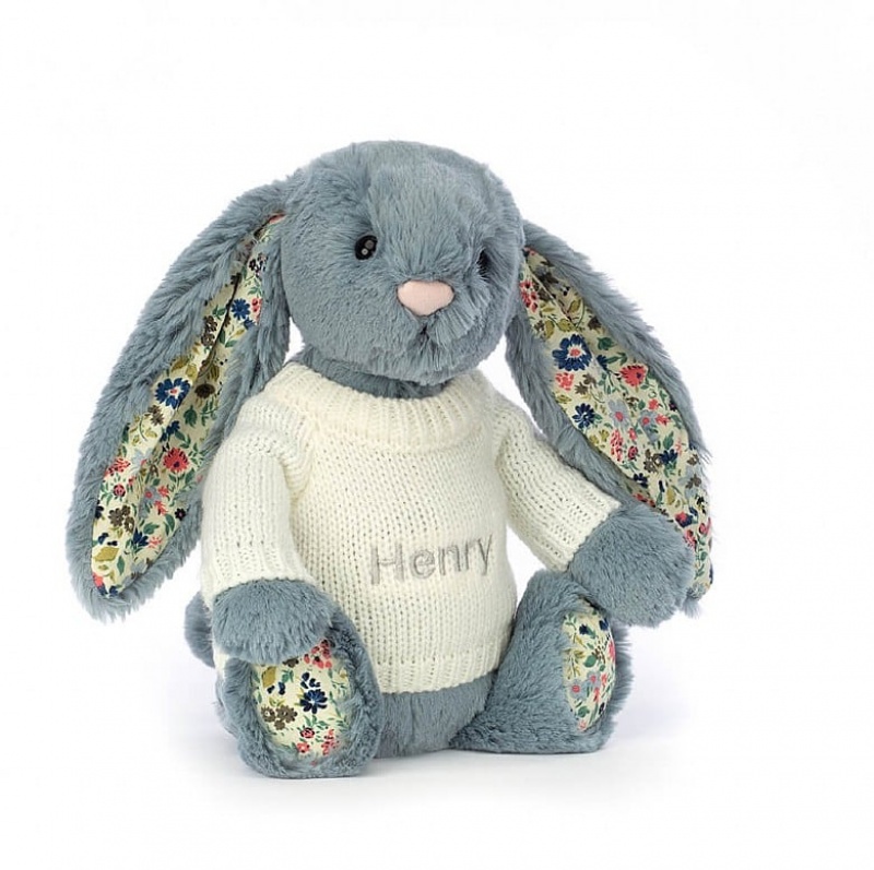 MEDIUM Jellycat Blossom Dusky Blue with Personalised Cream Jumper 31 CM X 12 CM, Jellycat USA | GY1459638