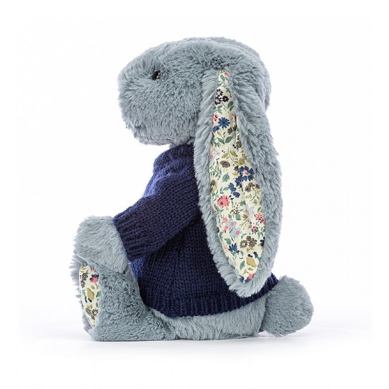 MEDIUM Jellycat Blossom Dusky Blue with Personalised Navy Jumper 31 CM X 12 CM, Jellycat USA | ZJ0867942