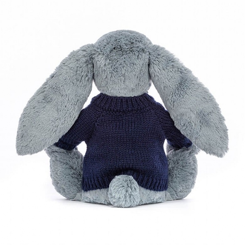 MEDIUM Jellycat Blossom Dusky Blue with Personalised Navy Jumper 31 CM X 12 CM, Jellycat USA | ZJ0867942