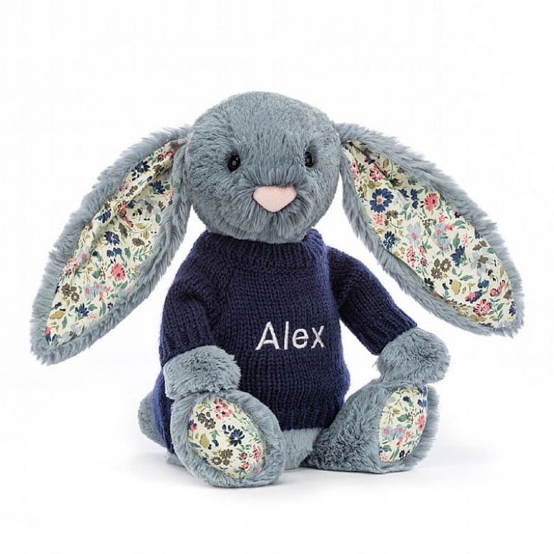 MEDIUM Jellycat Blossom Dusky Blue with Personalised Navy Jumper 31 CM X 12 CM, Jellycat USA | EG6120893