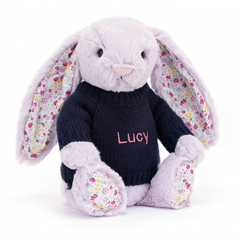 MEDIUM Jellycat Blossom Jasmine Bunny with Personalised Navy Jumper 31 CM X 12 CM, Jellycat USA | ND8153672