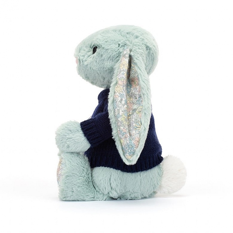 MEDIUM Jellycat Blossom Sage Bunny with Personalised Navy Jumper 31 CM X 12 CM, Jellycat USA | JE6012784