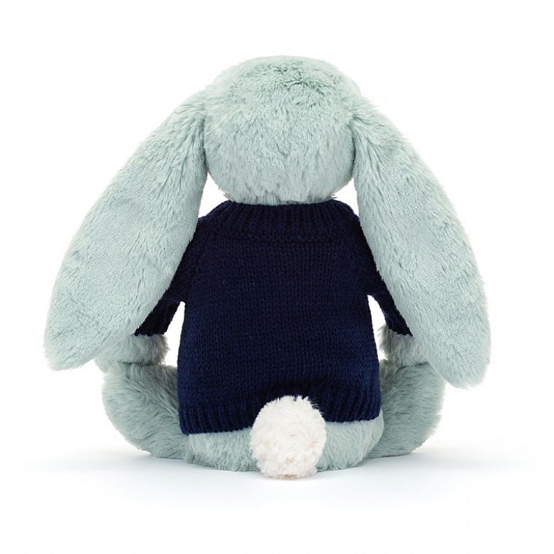 MEDIUM Jellycat Blossom Sage Bunny with Personalised Navy Jumper 31 CM X 12 CM, Jellycat USA | JE6012784