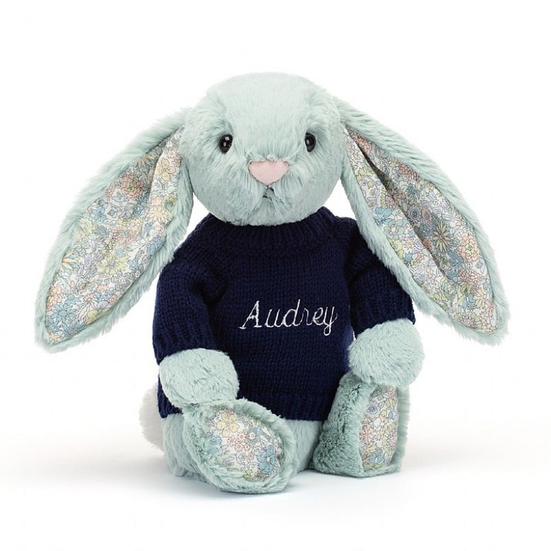 MEDIUM Jellycat Blossom Sage Bunny with Personalised Navy Jumper 31 CM X 12 CM, Jellycat USA | JE6012784