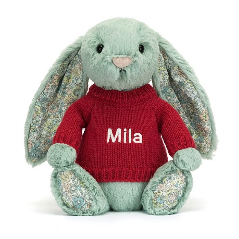 MEDIUM Jellycat Blossom Sage Bunny with Personalised Red Jumper 31 CM X 12 CM, Jellycat USA | OM5104782