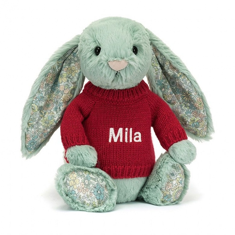 MEDIUM Jellycat Blossom Sage Bunny with Personalised Red Jumper 31 CM X 12 CM, Jellycat USA | SG8236104